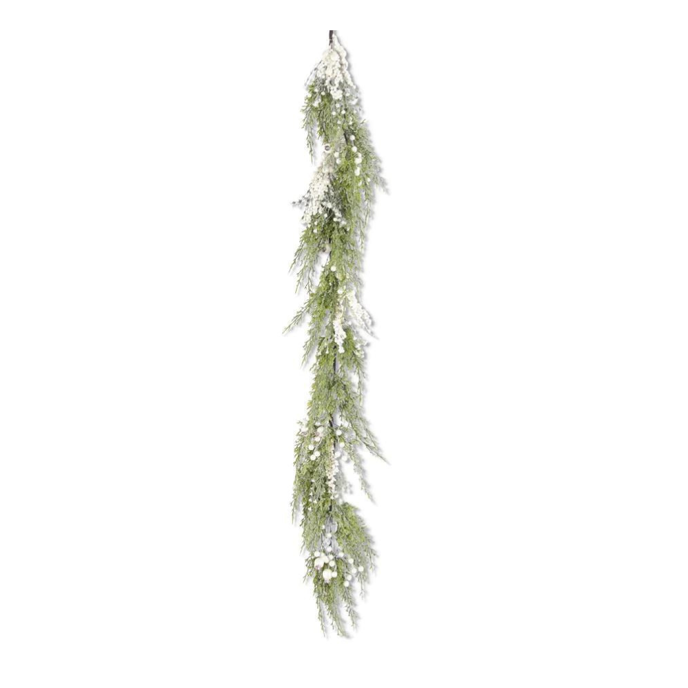 K&K INTERIORS SNOWY CYPRESS PINE GARLAND WITH PEARLS