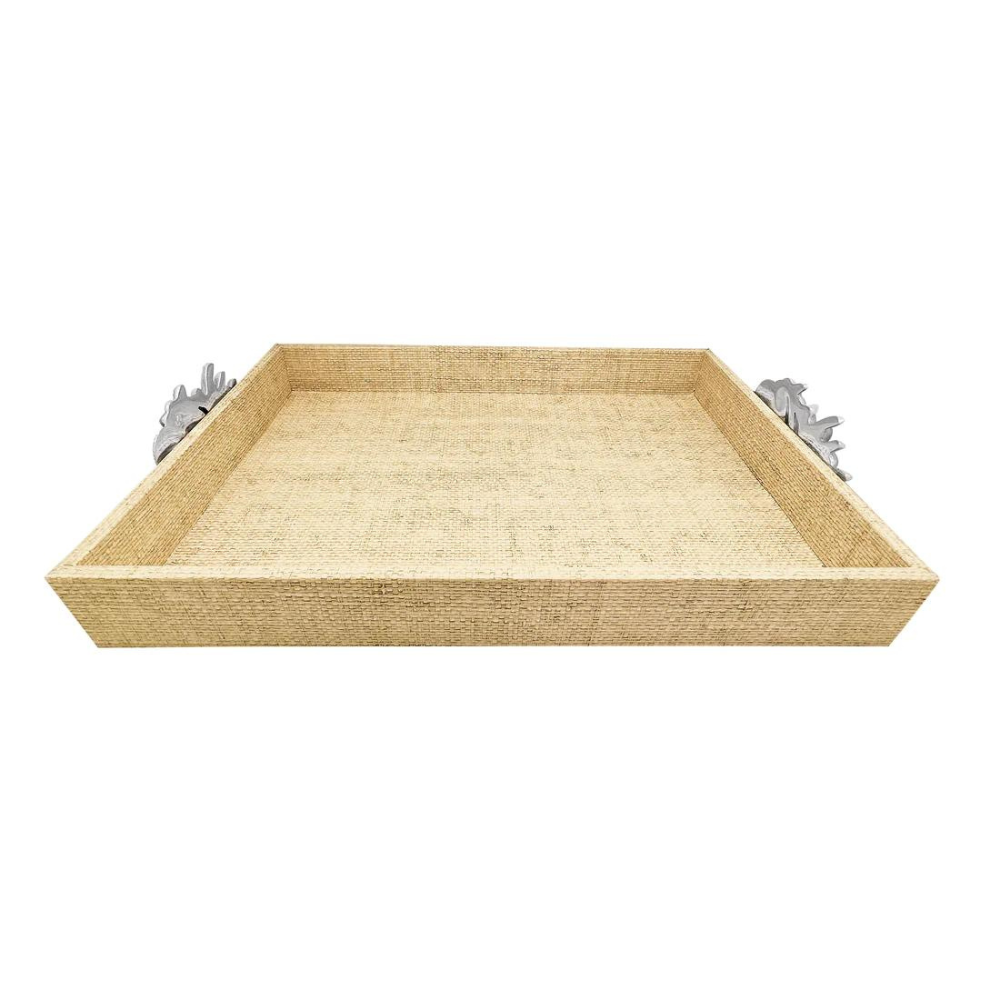 MARIPOSA SAND FAUX GRASS CLOTH TRAY WITH SEASIDE HANDLES