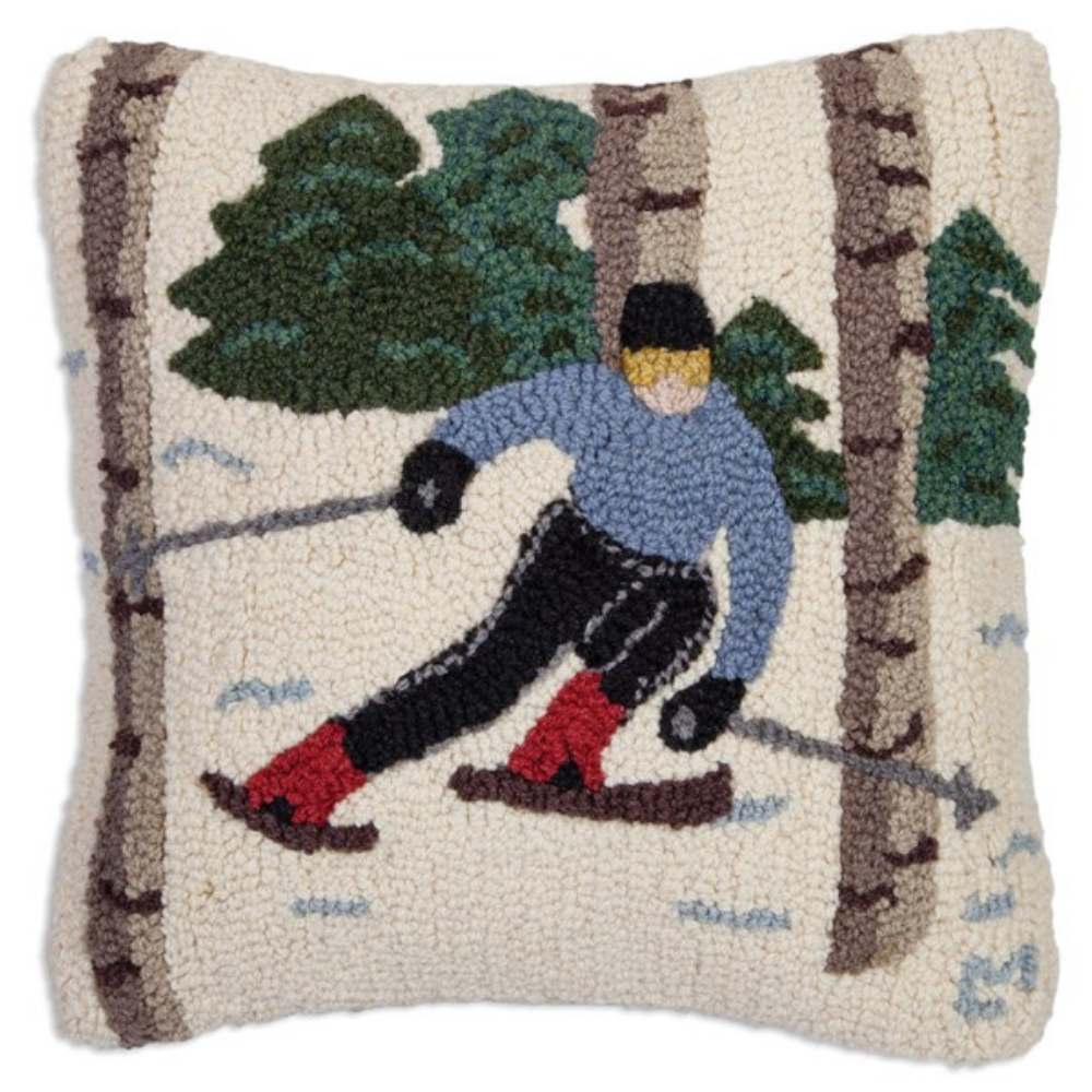 CHANDLER 4 CORNERS SKIING IN TREES HAND-HOOKED PILLOW