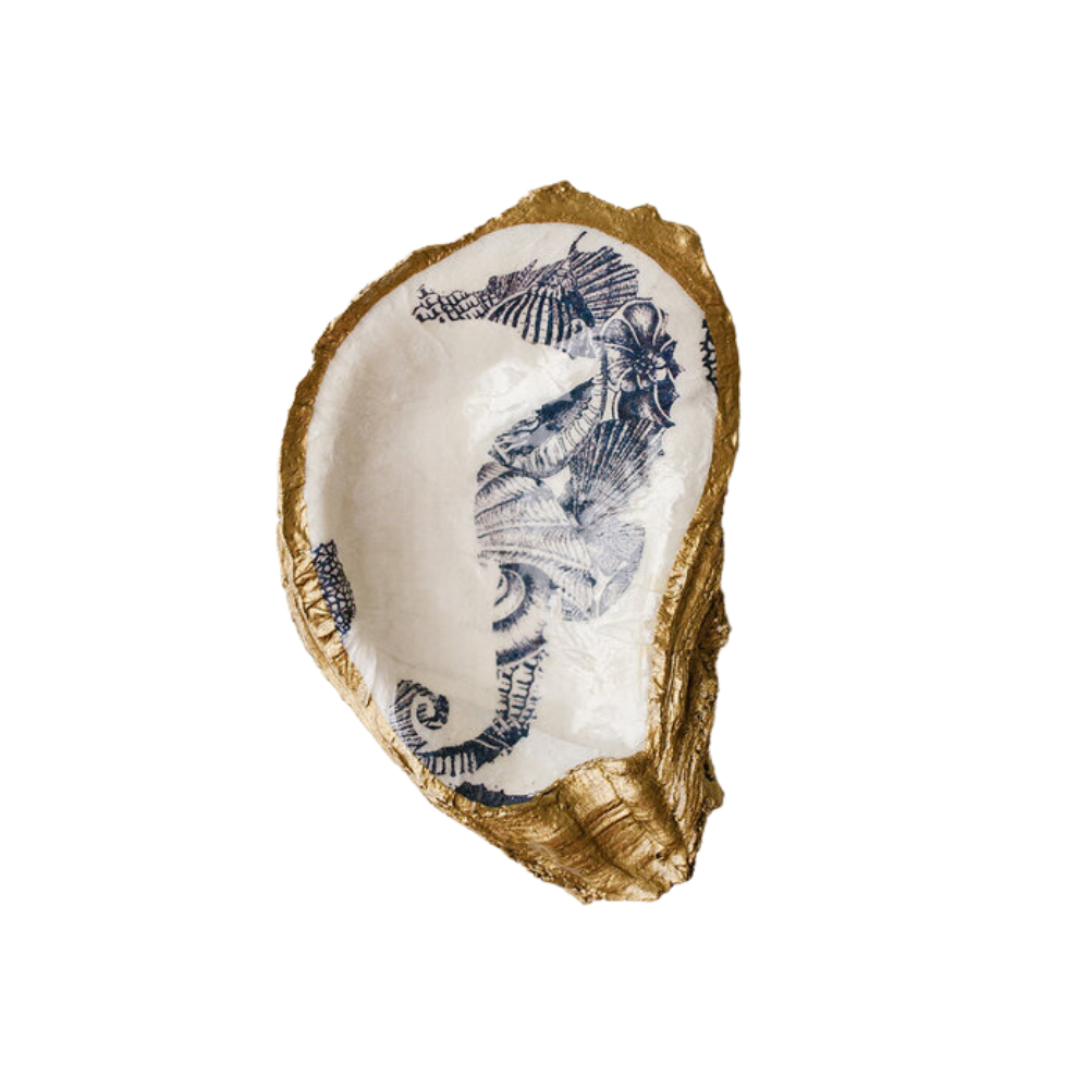 GRIT & GRACE STUDIO DECOUPAGE SEAHORSE OYSTER SHELL RING DISH
