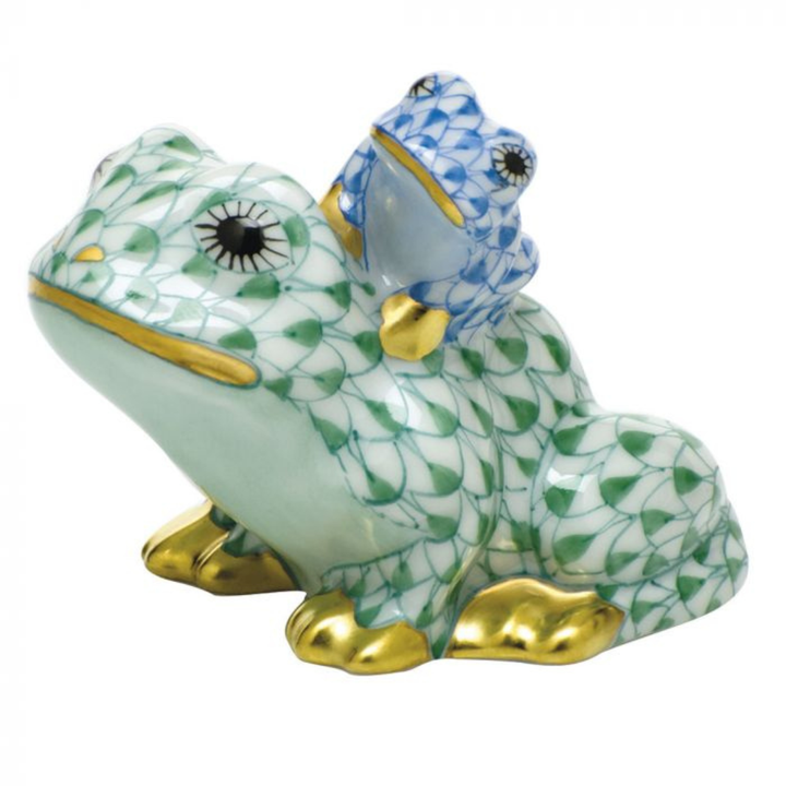 HEREND Mother And Baby Frog GREEN BLUE