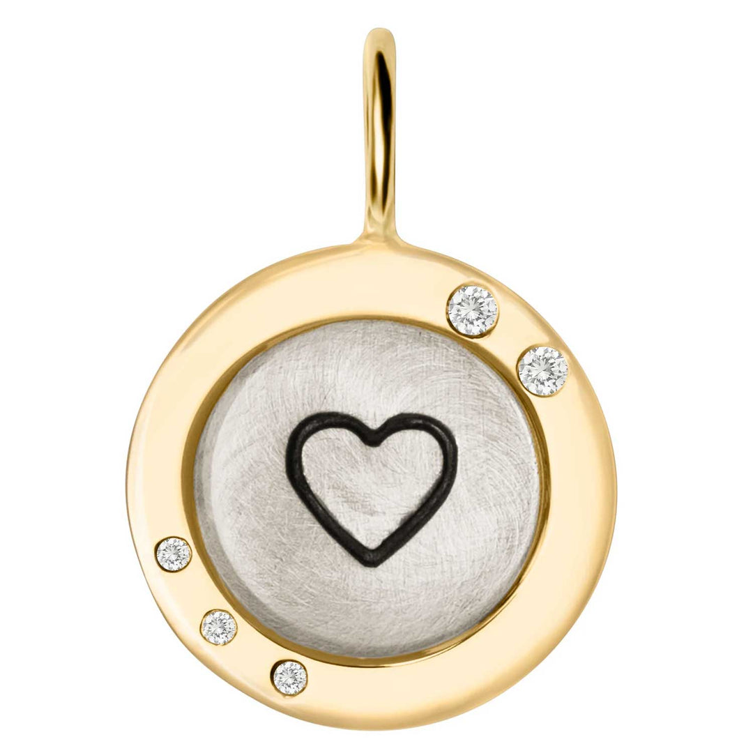 HEATHER B. MOORE YELLOW GOLD AND SILVER SIMPLE HEART WIDE FRAME ROUND CHARM