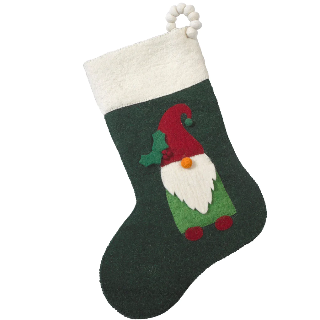ARCADIA HOME GREEN HAND FELTED WOOL CHRISTMAS STOCKING WITH GNOME