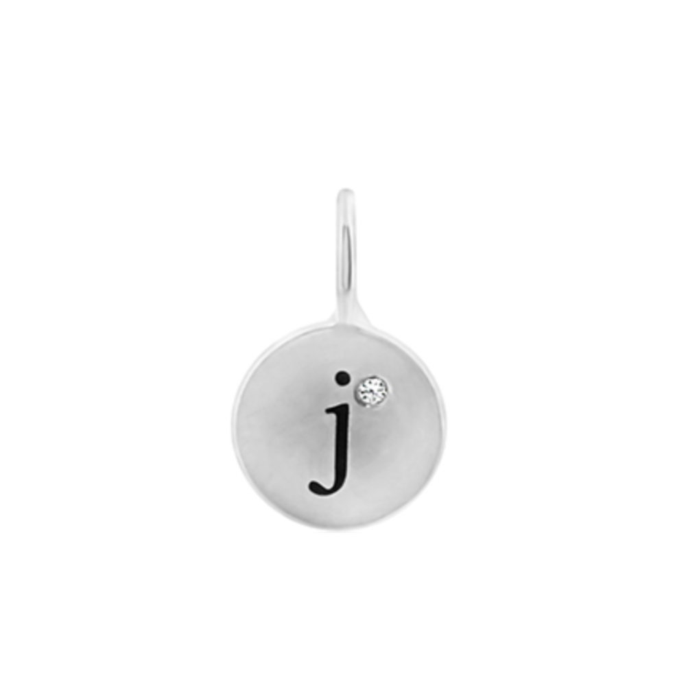 HEATHER B. MOORE STERLING SILVER ROUND CHARM WITH WHITE DIAMOND AND THE INITIAL "J"