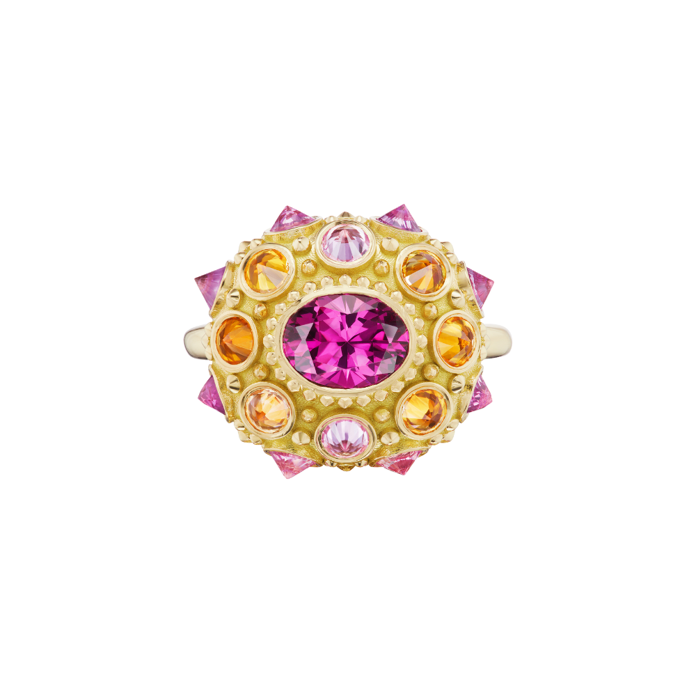 ANA-KATARINA DESIGNS 18K YG PRETTY IN PINK RING WITH SAPPHIRES AND RHODALITE