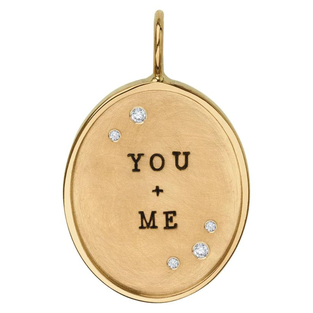 HEATHER B. MOORE 14K YELLOW GOLD OVAL FRAME CHARM "YOU + ME" AND "FOREVER"