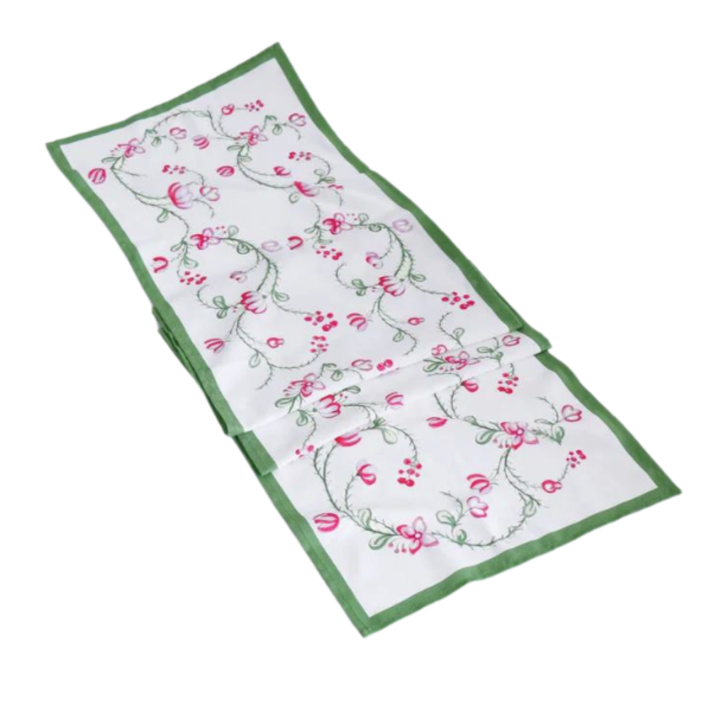 BEATRIZ BALL NORELLE LINEN GREEN AND RED FLORAL TABLE RUNNER