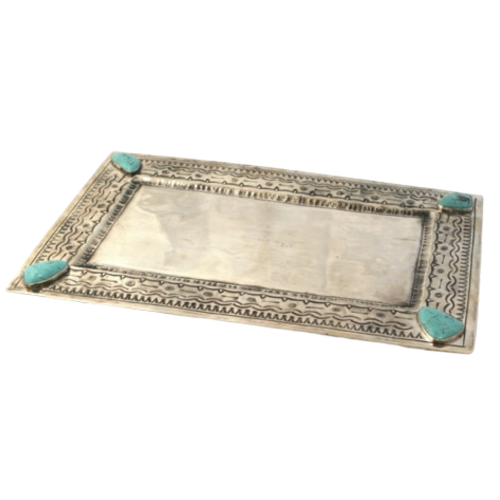 J. ALEXANDER RUSTIC SILVER J ALEXANDER LARGE STAMPED TRAY WITH TURQUOISE