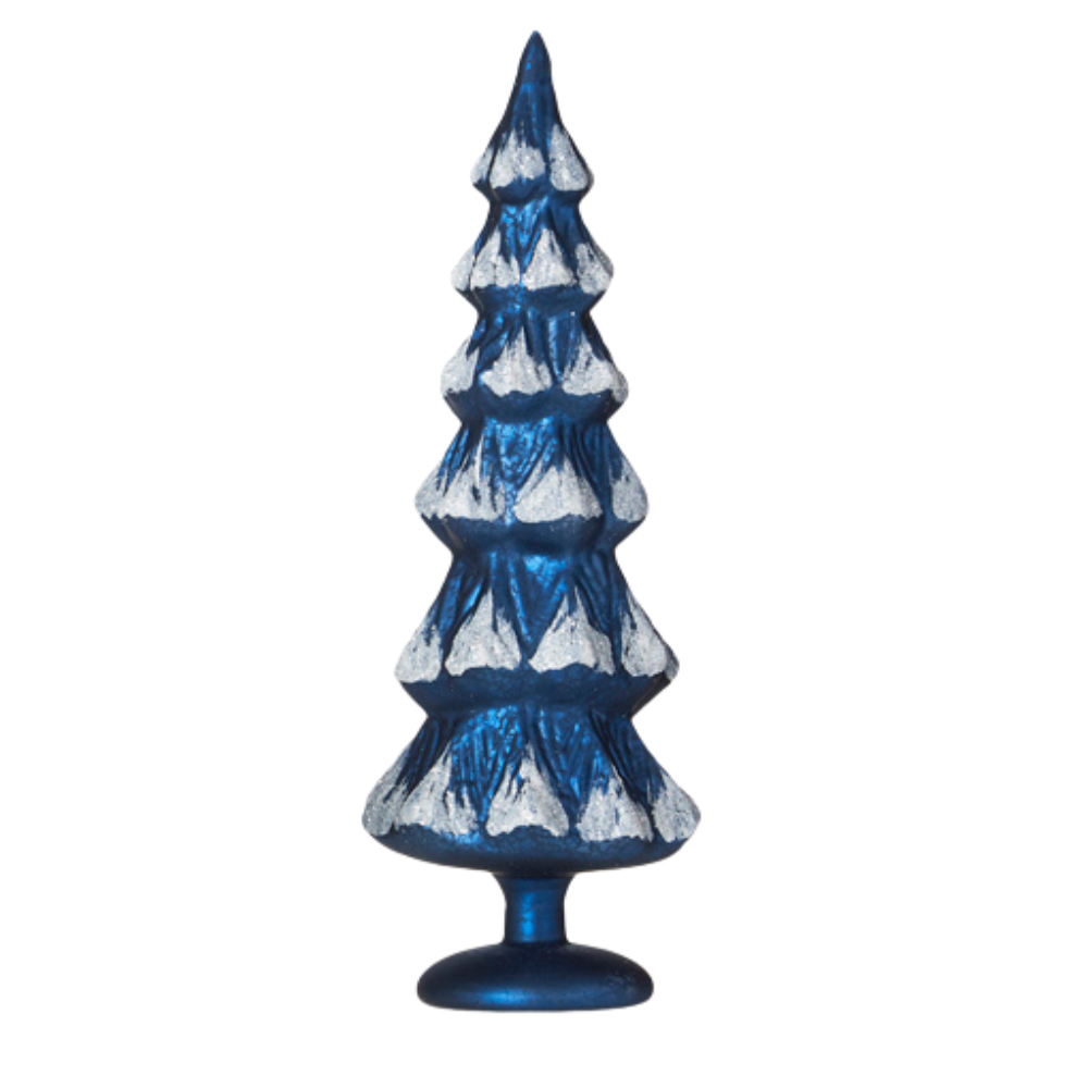 RAZ IMPORTS DARK BLUE AND WHITE SNOWY GLASS CHRISTMAS TREE