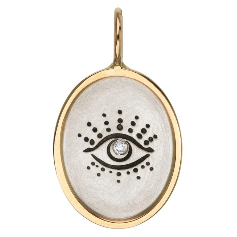 HEATHER B. MOORE 14K YELLOW GOLD AND STERLING SILVER OVAL EVIL EYE CHARM WITH DIAMOND