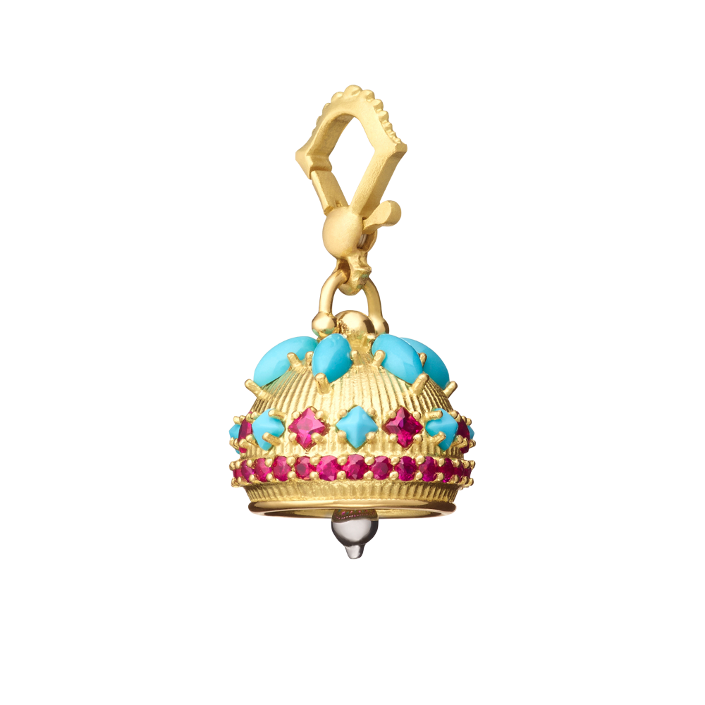 PAUL MORELLI 18K YELLOW AND WHITE GOLD MEDITATION BELL WITH TURQUOISE &amp; RUBIES