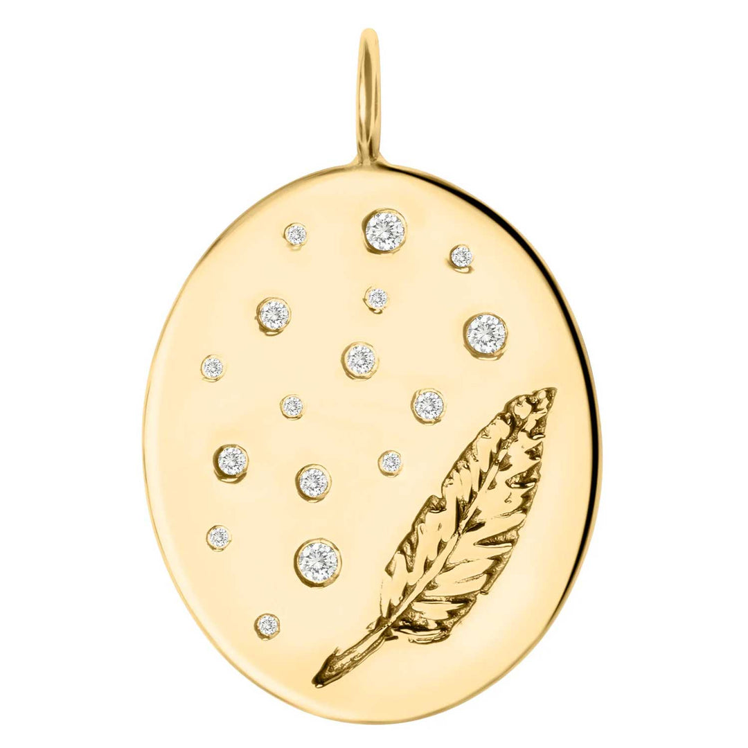 HEATHER B. MOORE YELLOW GOLD FEATHER AND DIAMONDS HIGH POLISHED OVAL CHARM