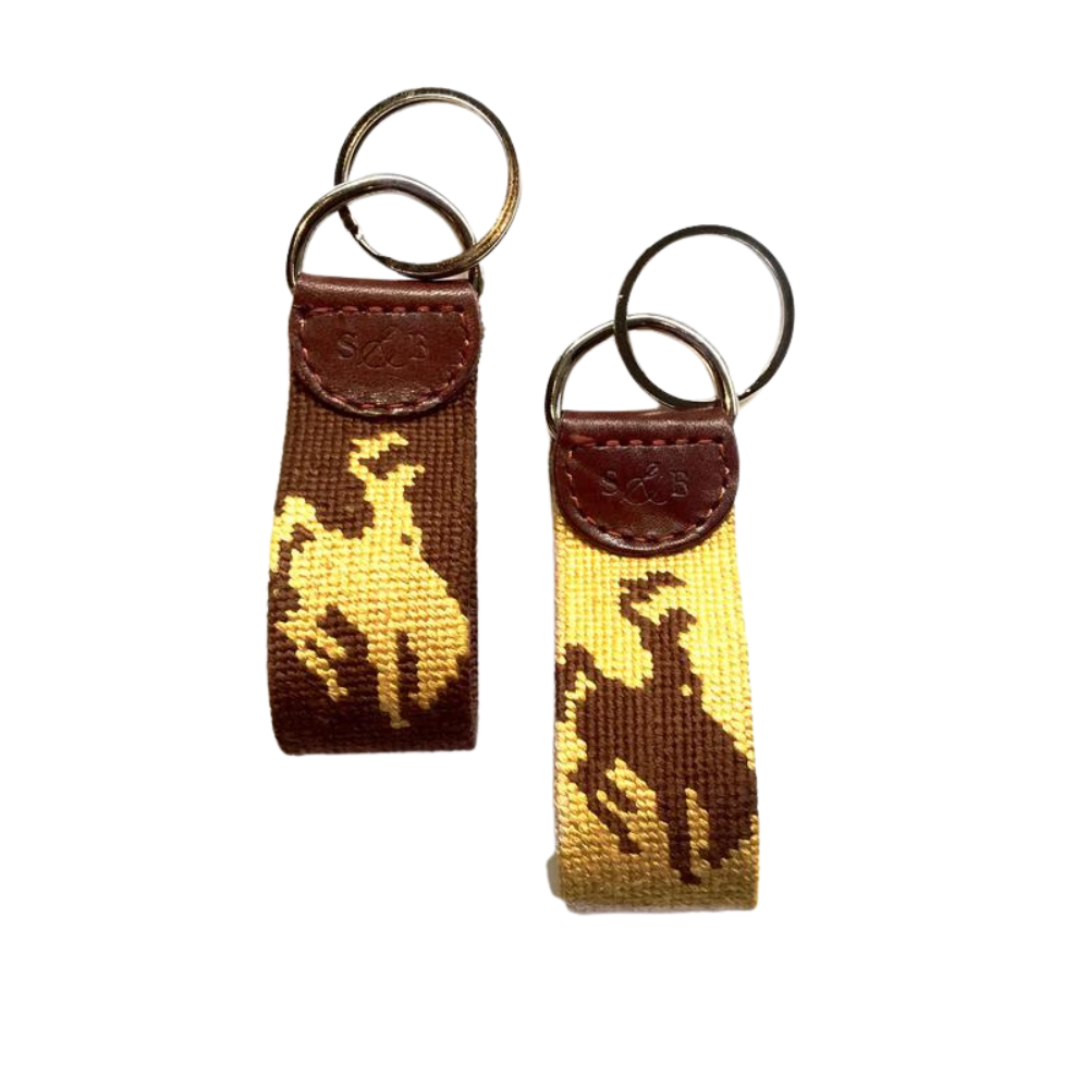 SMATHERS & BRANSON YELLOW AND BROWN BRONCO NEEDLEPOINT KEY FOB