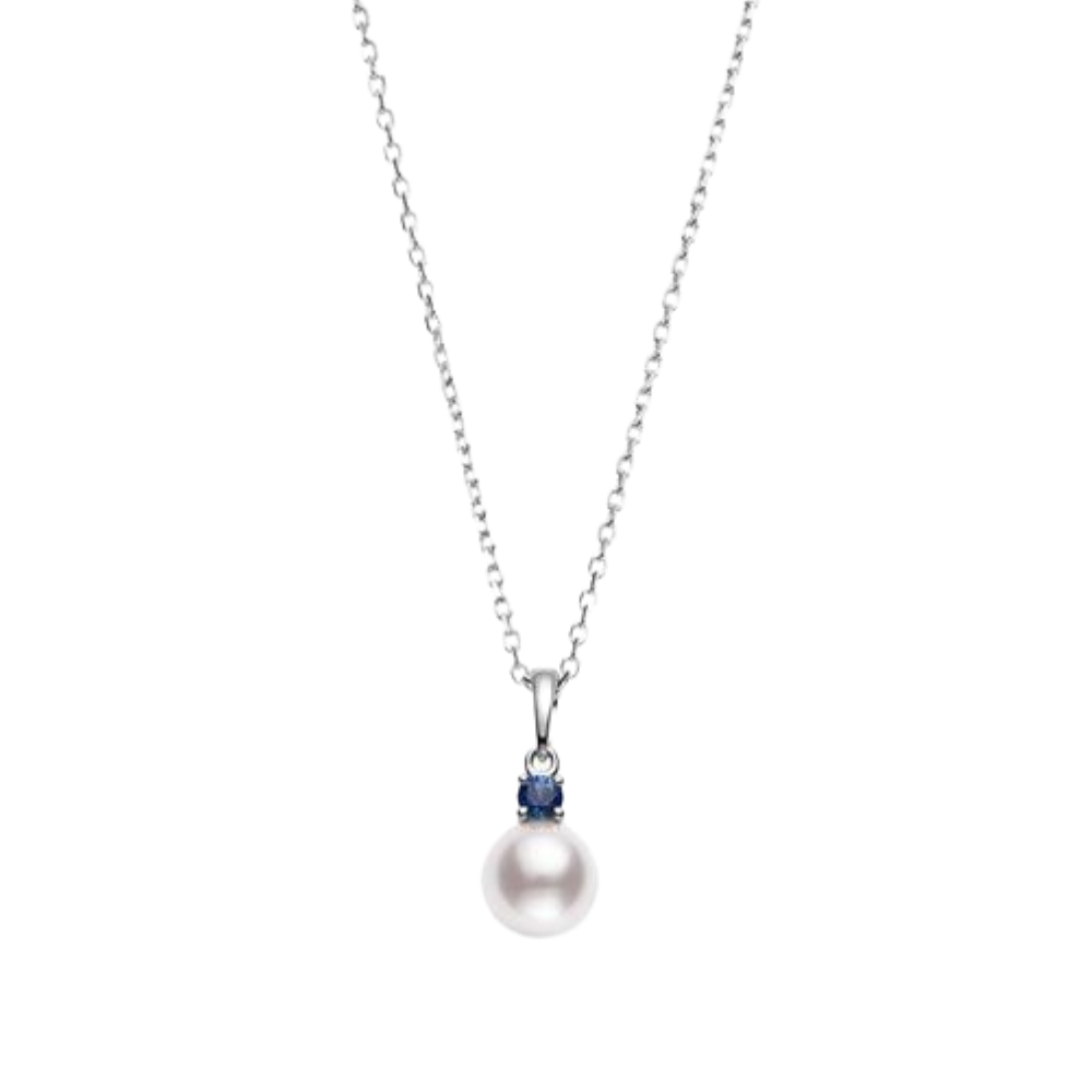 MIKIMOTO AKOYA CULTURED PEARL AND BLUE SAPPHIRE WHITE GOLD NECKLACE