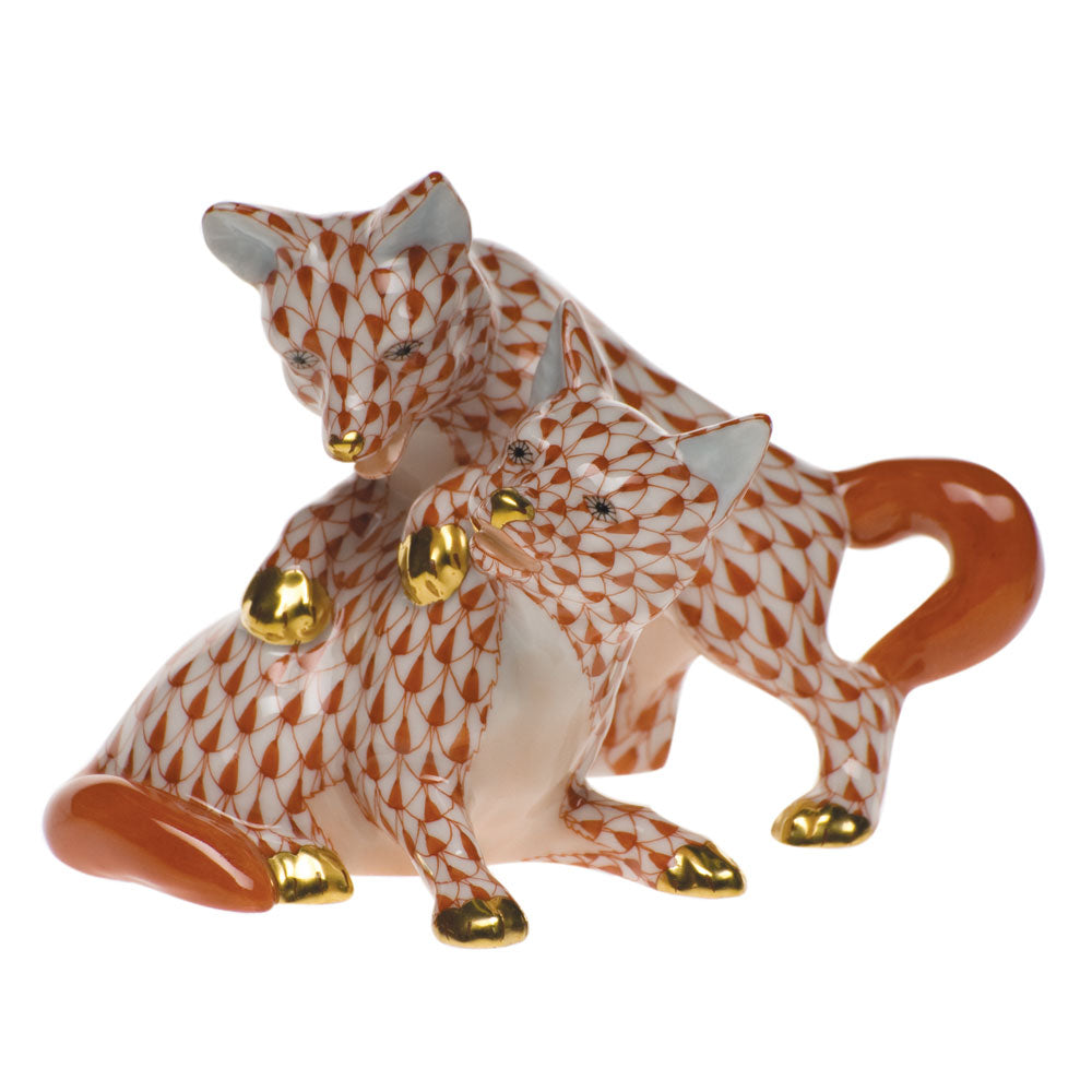 HEREND 24K GOLD HAND PAINTED ACCENT FOXES - RUST