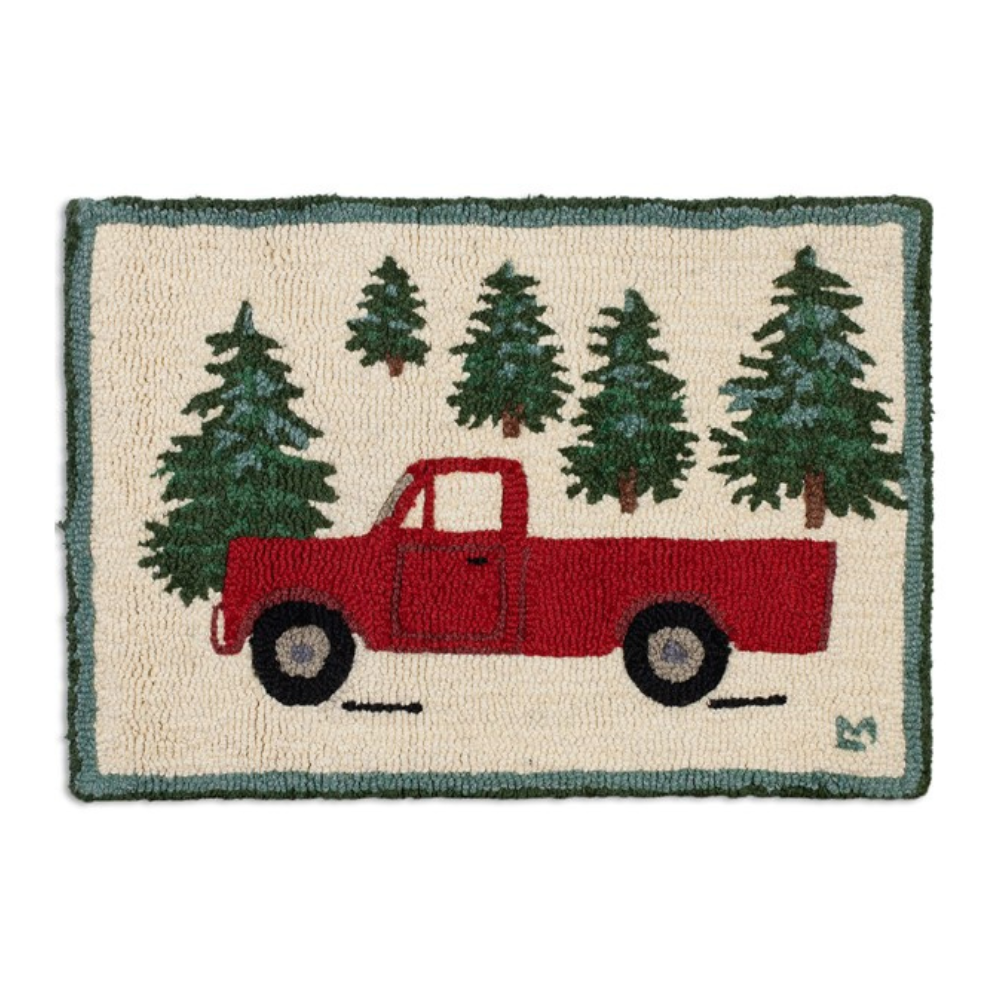 CHANDLER 4 CORNERS RED TRUCK IN FOREST HOOKED WOOL RUG