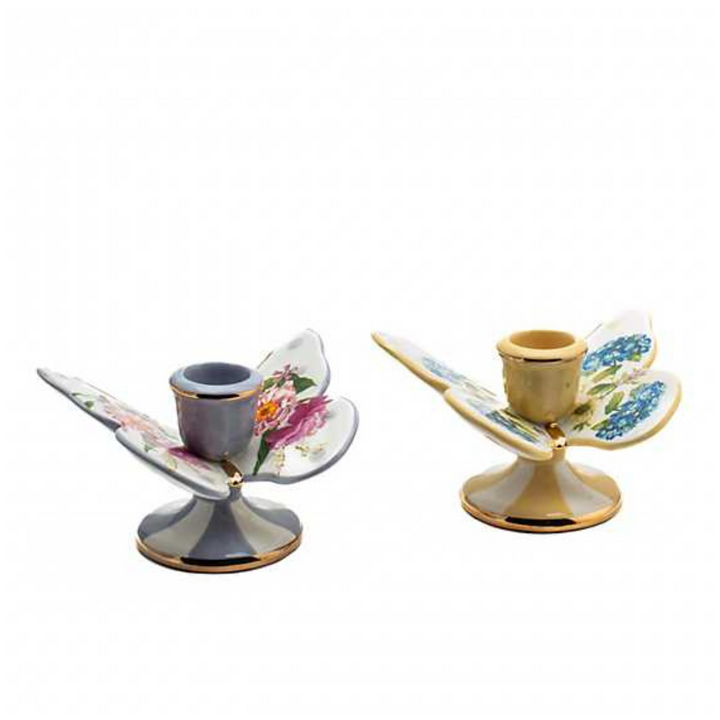 MACKENZIE CHILDS WILDFLOWERS BUTTERFLY CANDLE HOLDERS - SET OF 2