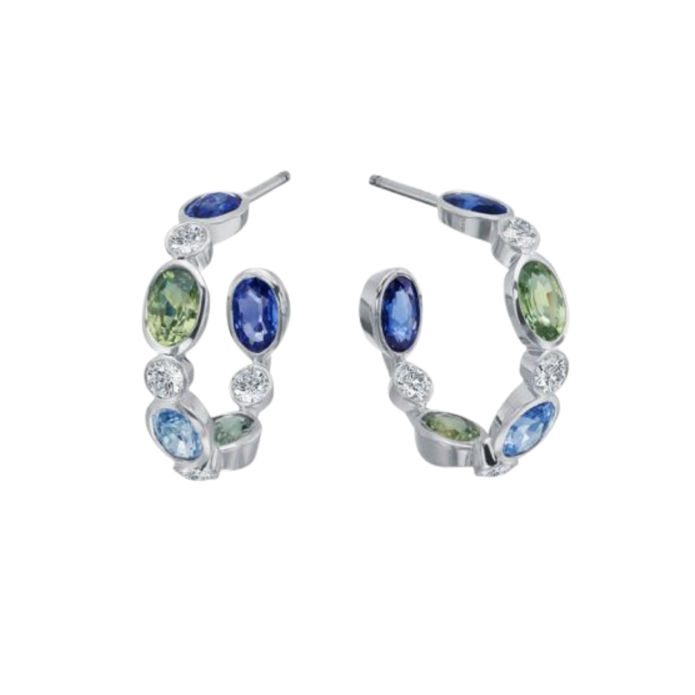 GUMUCHIAN 18K WHITE GOLD MARABELLA EARRINGS W/ DIAMOND EARRINGS BLUE AND GREEN SAPPHIRE