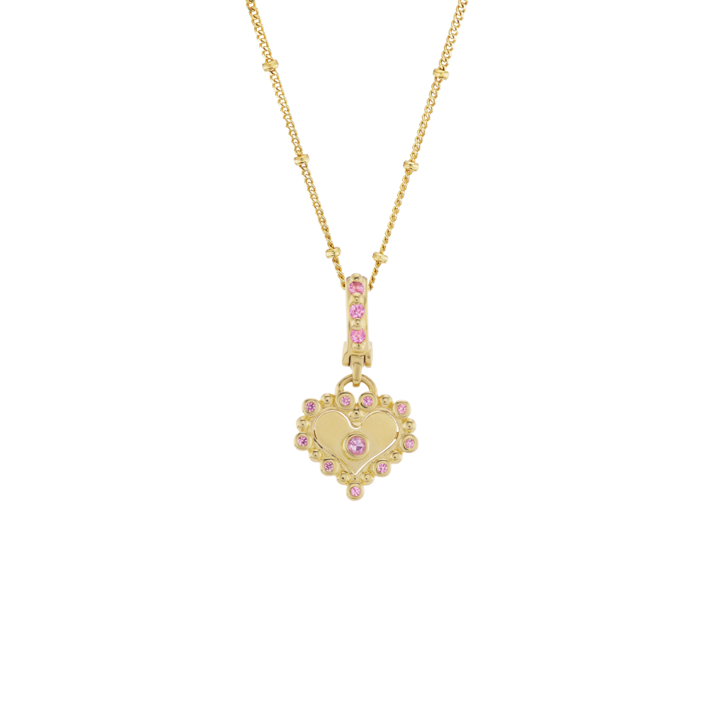 ORLY MARCEL 18K YELLOW GOLD SMALL HEART NECKLACE WITH PINK SAPPHIRES