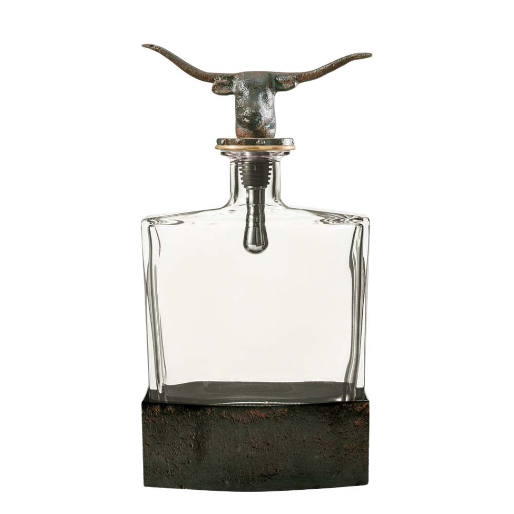 JAN BARBOGLIO NUECES DECANTER WITH LONGHORN TOPPER AND IRON STAND