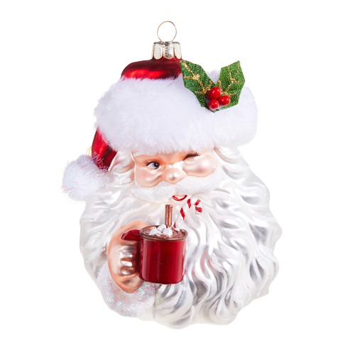 RAZ IMPORTS SANTA SIPPING HOT CHOCOLATE WITH PEPPERMINT ORNAMENT