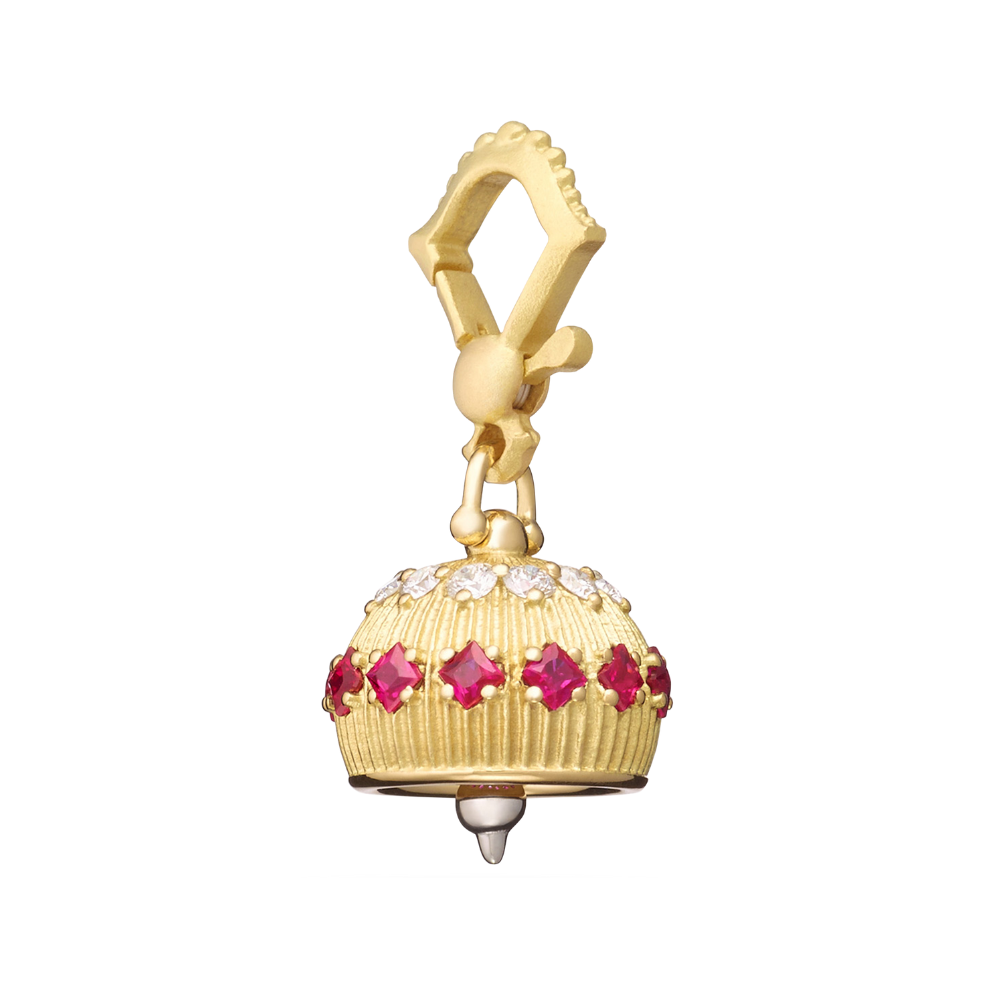 PAUL MORELLI 18K YELLOW GOLD #2 MEDITATION BELL WITH DIAMONDS AND SQUARE CUT RUBIES