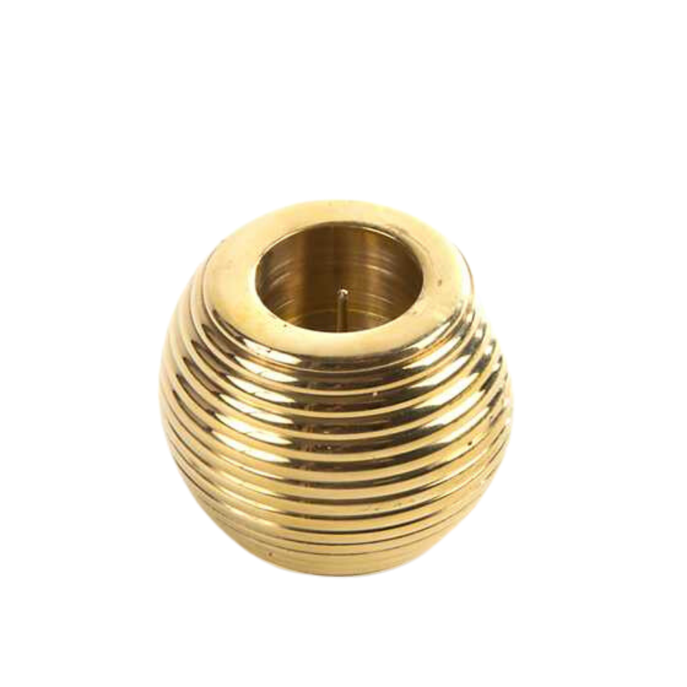 MACKENZIE CHILDS GOLD RIBBED SPHERE CANDLE HOLDER