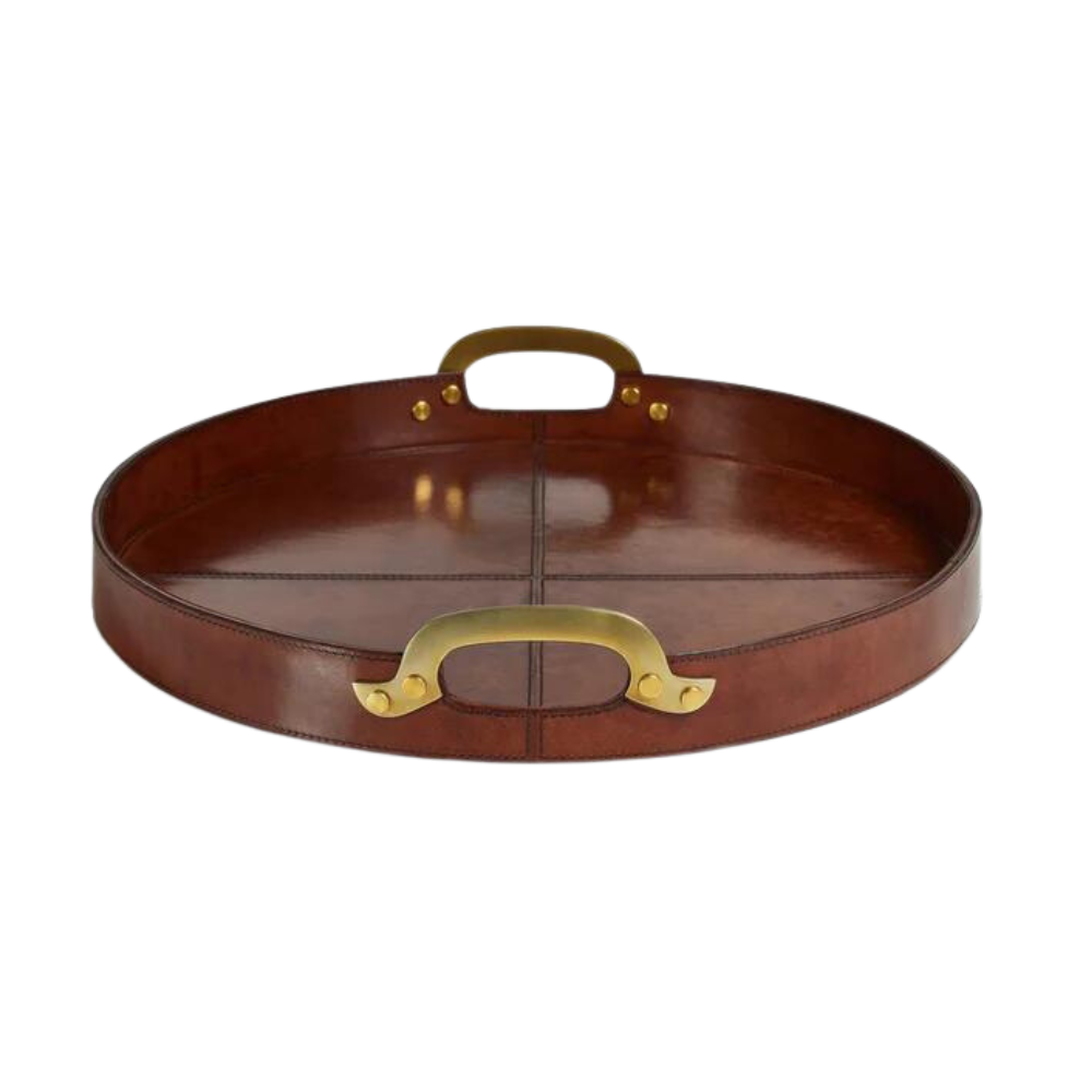 ZODAX ASPEN LEATHER TRAY WITH BRASS HANDLES