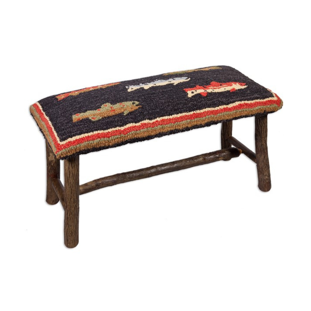 CHANDLER 4 CORNERS RIVER FISH HAND HOOKED WOOL TOPPED BENCH
