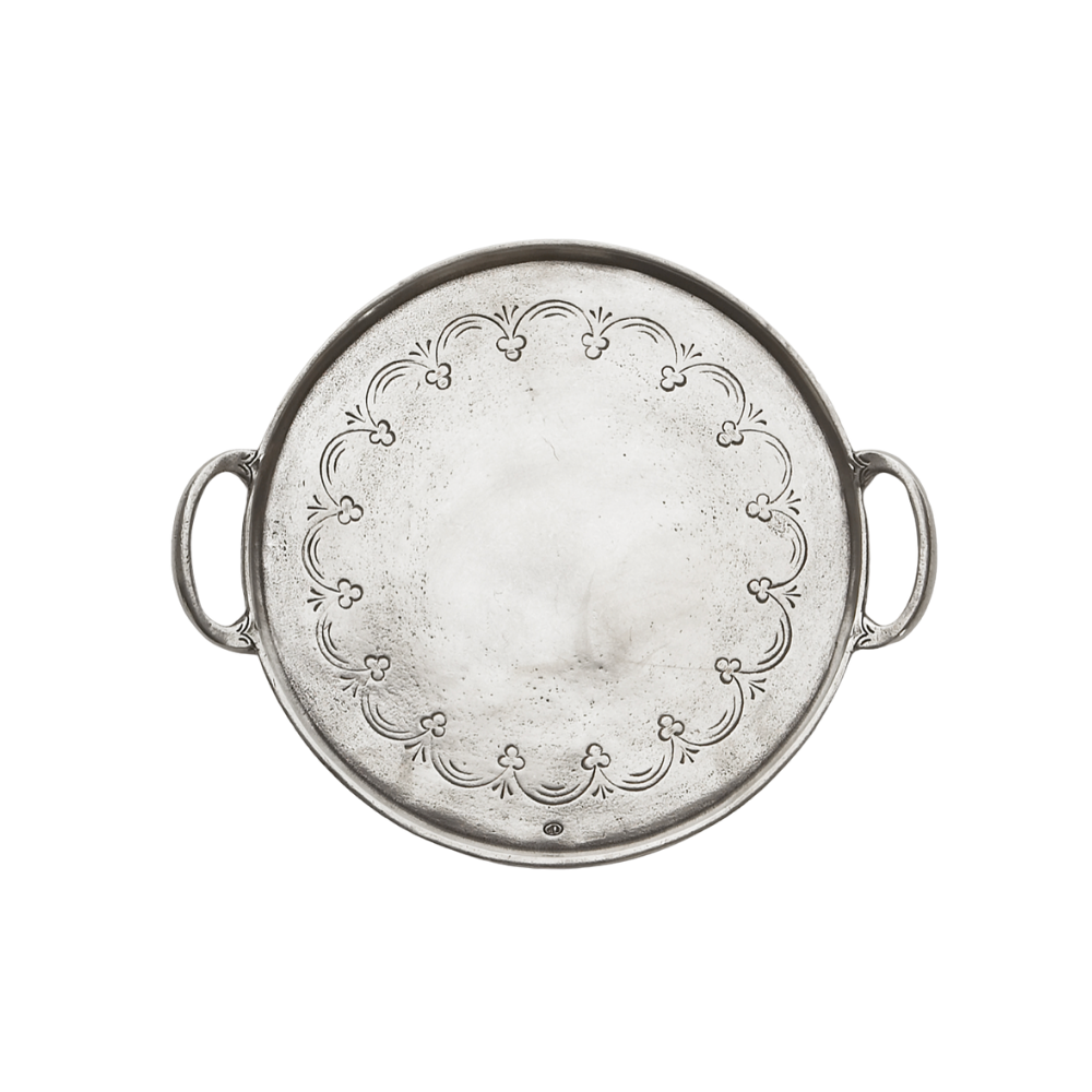ARTE ITALICA VINTAGE PEWTER ROUND TRAY WITH HANDLES