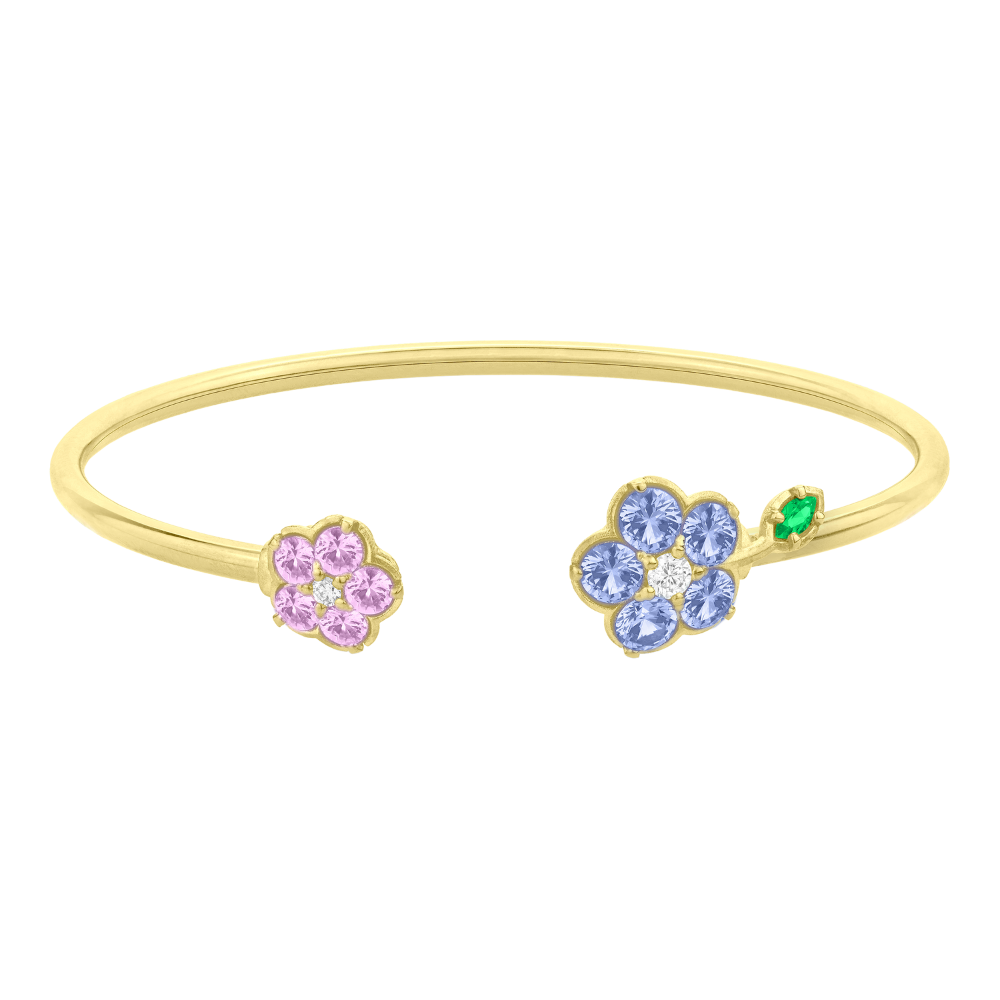 PAUL MORELLI 18K YELLOW GOLD TUBE BRACELET WITH BLUE AND PINK SAPPHIRE FLOWER CLUSTERS AND DIAMONDS - LARGE