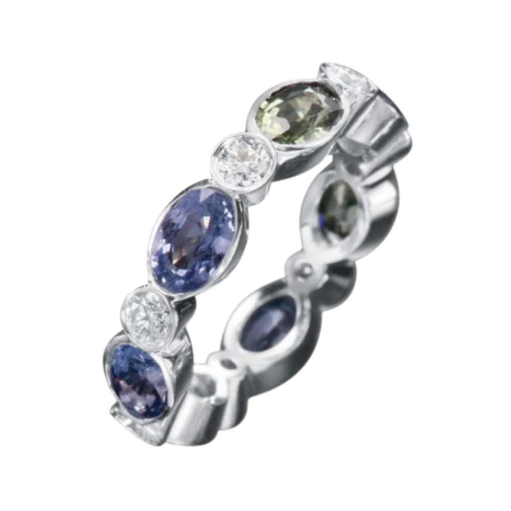 GUMUCHIAN 18K WHITE GOLD MARBELLA BLUE AND GREEN SAPPHIRE WITH DIAMONDS RING