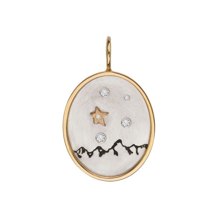 HEATHER B. MOORE 14K YELLOW GOLD FRAME WITH STERLING SILVER OVAL TETON MOUNTAIN CHARM