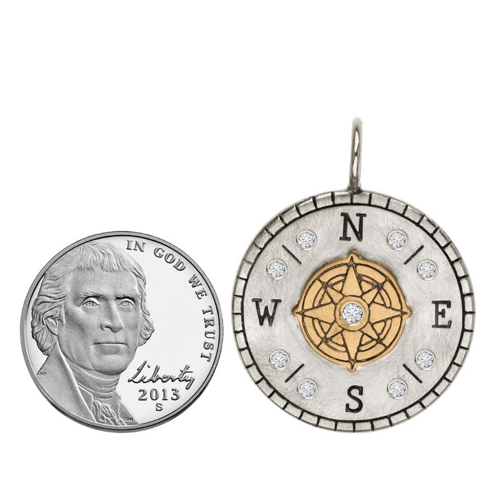 HEATHER B. MOORE SILVER COMPASS ROSE WITH DIAMONDS AND RAISED YELLOW GOLD CENTER