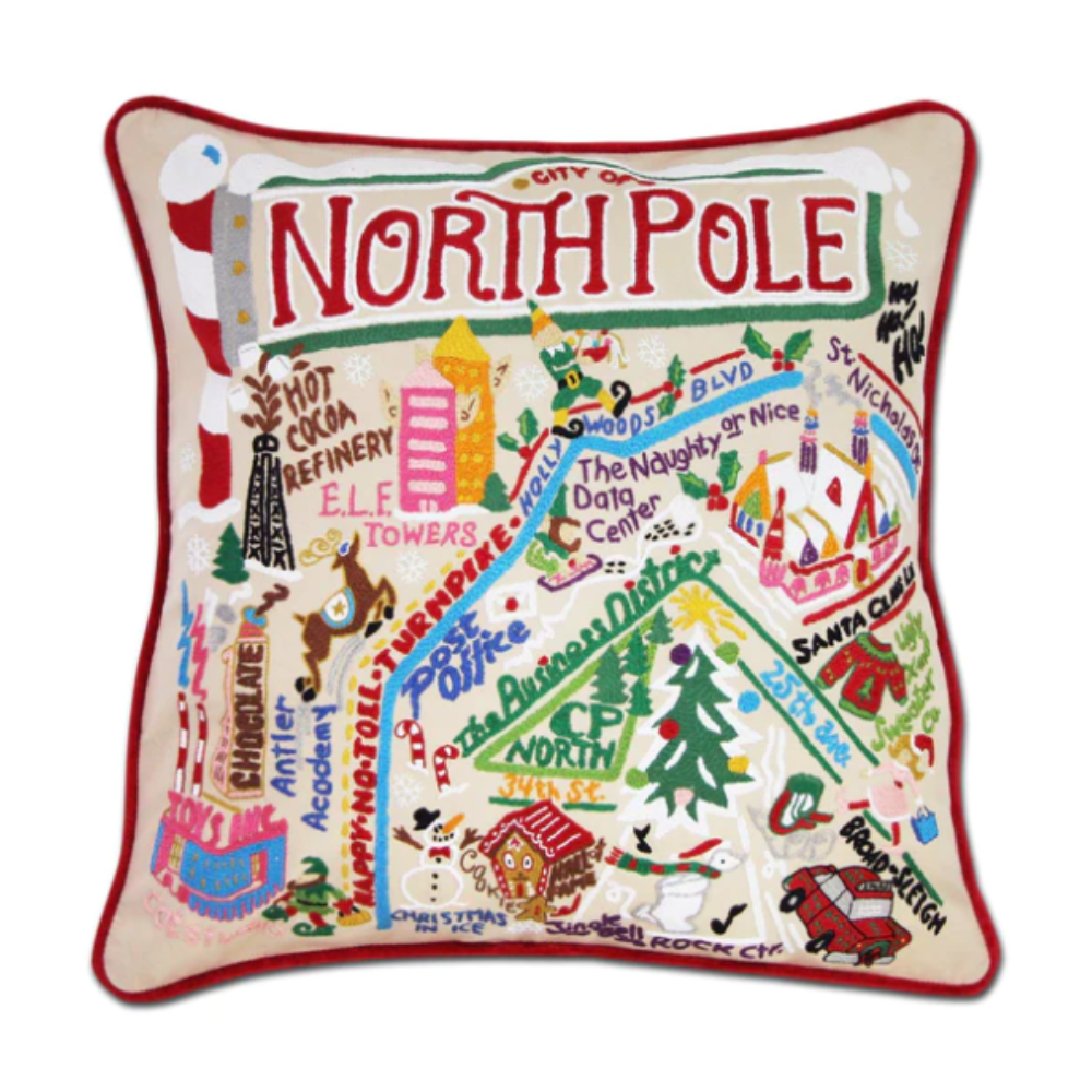CATSTUDIO NORTH POLE CITY HAND-EMBROIDERED PILLOW