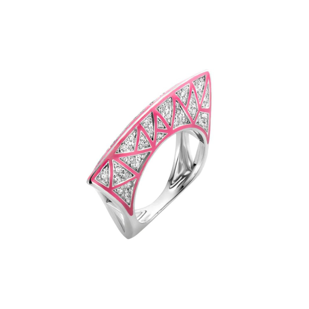 DRIES CRIEL 18K WHITE GOLD LOTUS RING WITH PINK ENAMEL AND DIAMONDS