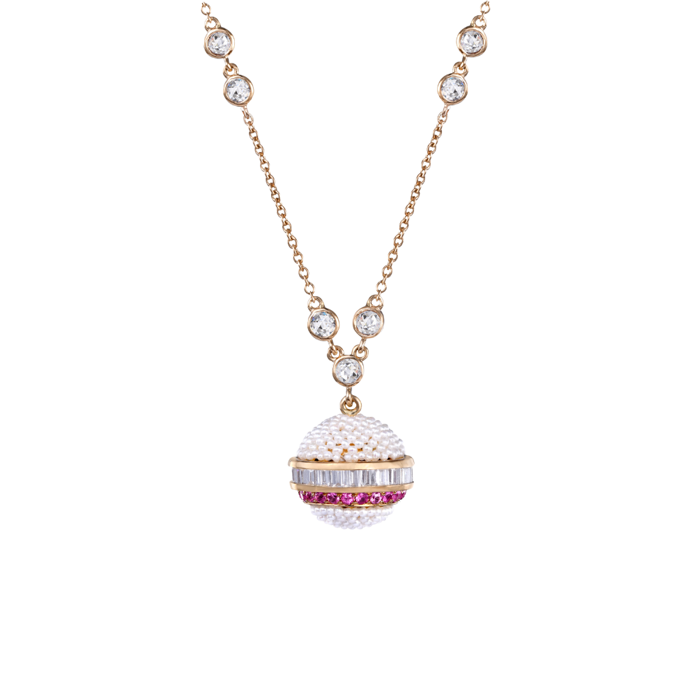 MOKSH 18K YELLOW GOLD BOMBAY NECKLACE WITH PINK SAPPHIRES, PEARLS, AND DIAMOND
