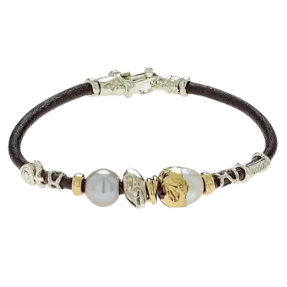 MISANI 18K YELLOW GOLD AND STERLING SILVER LEATHER BRACELET WITH FRESHWATER PEARLS