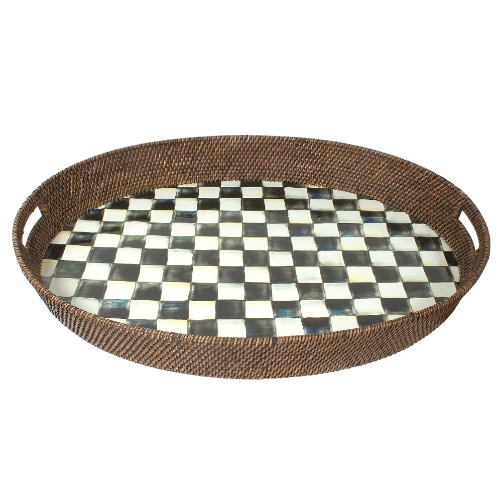 MACKENZIE CHILDS COURTLY CHECK RATTAN WITH ENAMEL PARTY TRAY