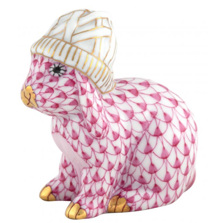 HEREND Bunny With Winter Hat RASPBERRY