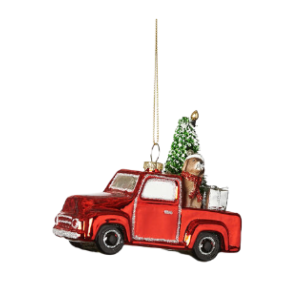 180 DEGREES RED TRUCK WITH CHRISTMAS TREE AND DOG ORNAMENT
