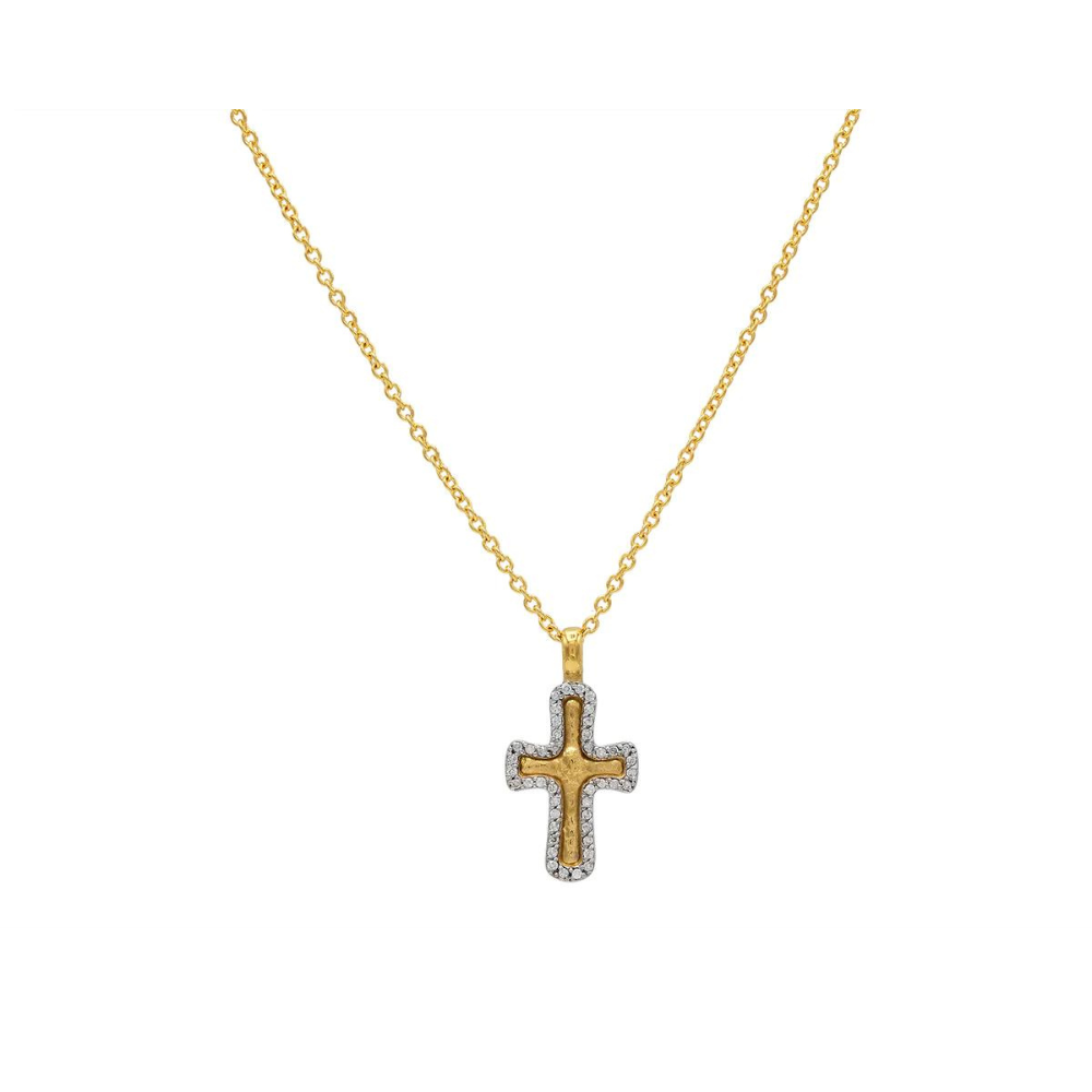 GURHAN 24K YELLOW GOLD CROSS PENDANT NECKLACE WITH PAVE DIAMONDS