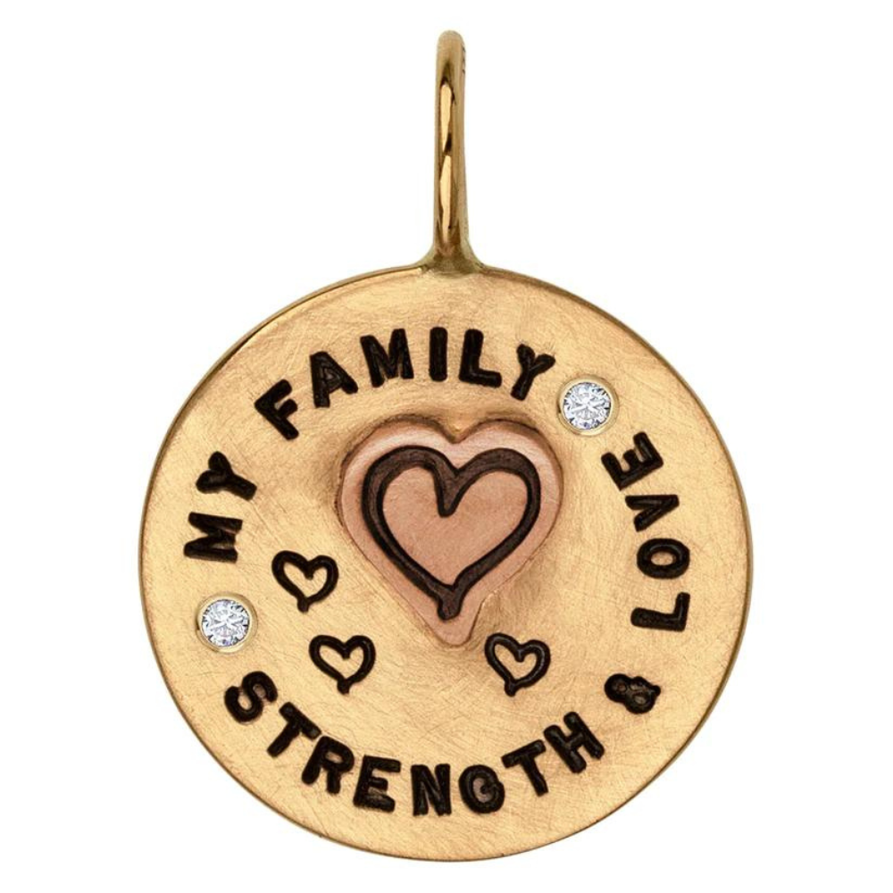 HEATHER B. MOORE ROUND CHARM WITH DIAMONDS "MY FAMILY STRENGTH AND LOVE"