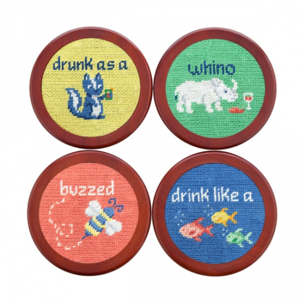 SMATHERS & BRANSON COCKTAIL CRITTERS 4-PIECE NEEDLEPOINT COASTER SET CRITTER COASTERS