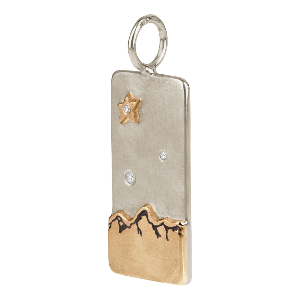 HEATHER B. MOORE SMALL TETON MOUNTAINS ID TAG IN GOLD AND SILVER WITH STAR ACCENT AND DIAMOND