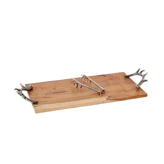 180 DEGREES Wood Tray with Antler Handle and Tong Set