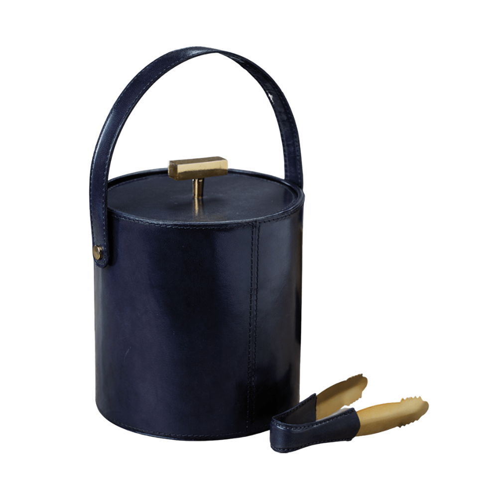 ZODAX LEATHER ICE BUCKET W/TONGS GOLD ACCENTS