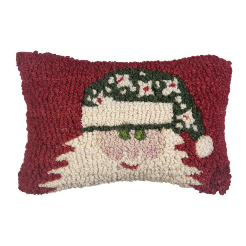 CHANDLER 4 CORNERS GREEN HAT SANTA ON RED HAND HOOKED PILLOW