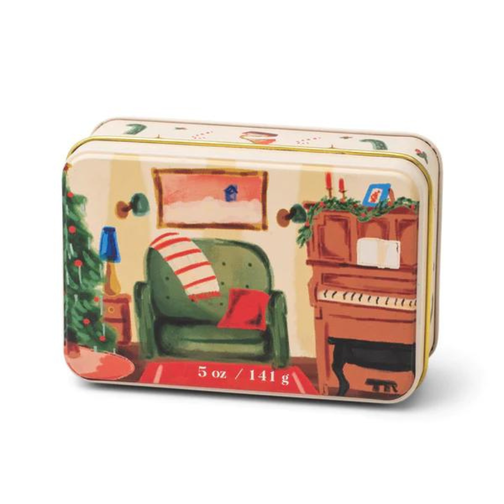 PADDYWAX POMEGRANATE AND SPRUCE CHRISTMAS TIN WITH PIANO SCENE