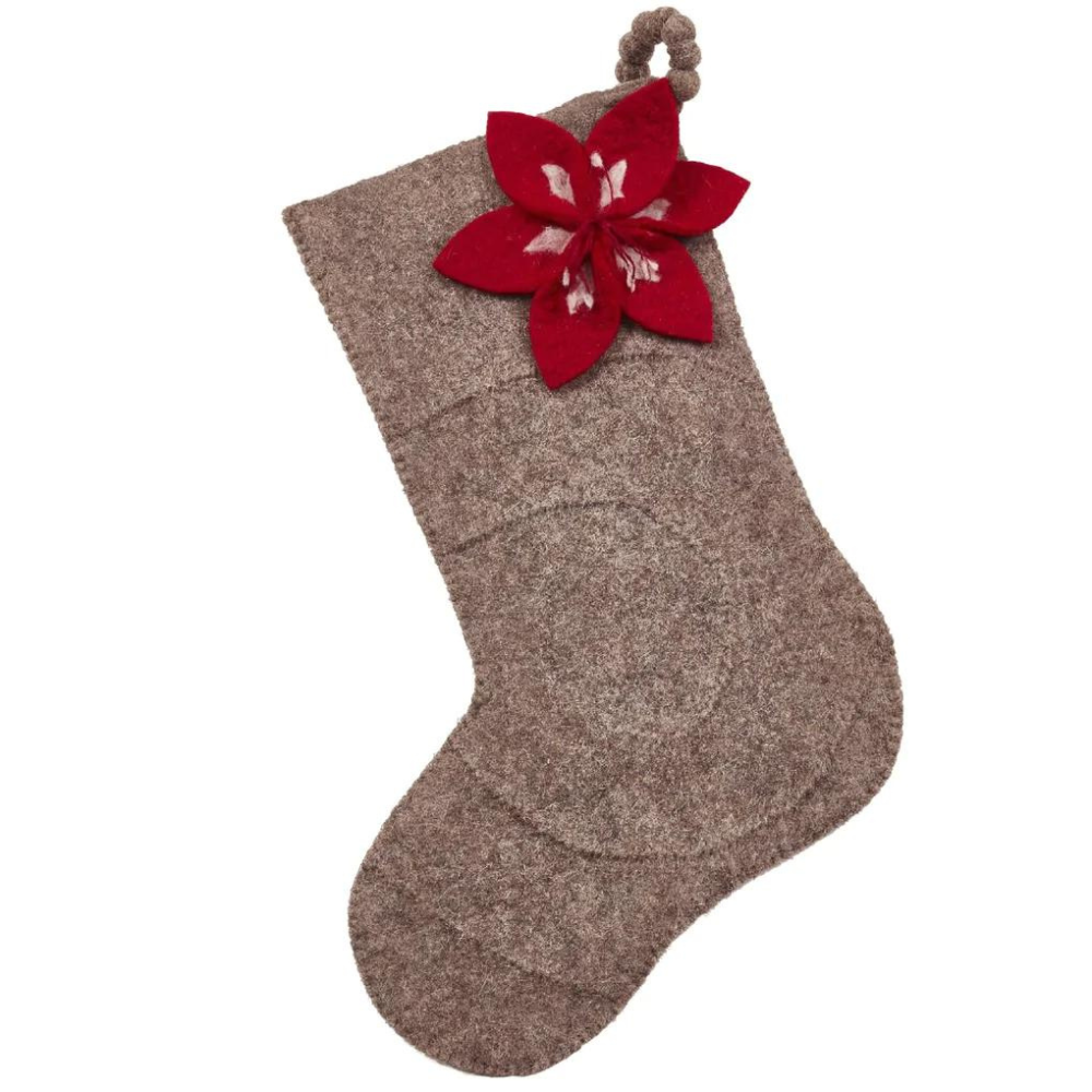 ARCADIA HOME WOOL STOCKING HAND FELTED - GRAY WITH RED AMARYLLIS